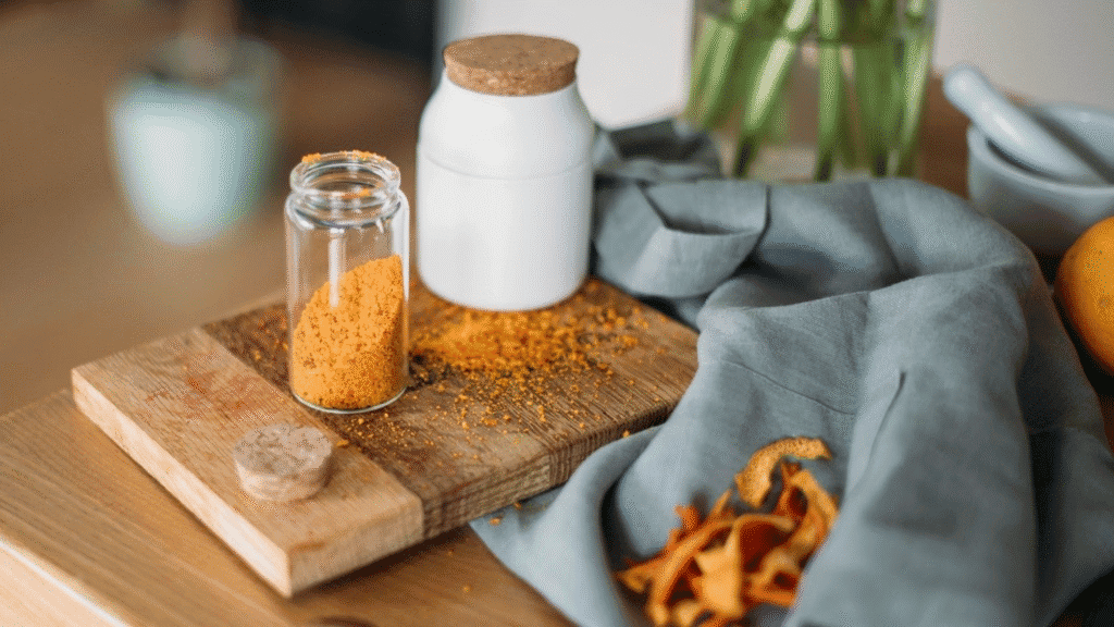 Pulvis aus getrockneten Schalen auf einem Holzbrett