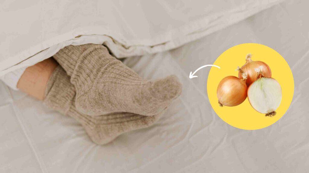 Zwiebelsocken bei Erkältung: Zwiebel in Socken an der Fußsohle – traditionelles Hausmittel zum Wärmen