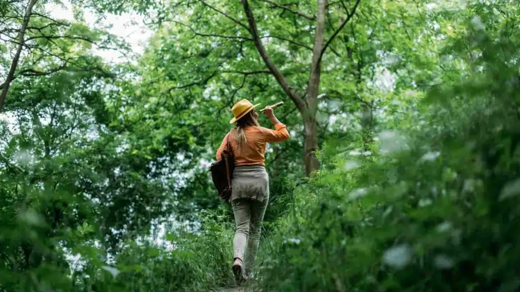 Frau mit gelbem Hut und Rucksack geht einen bewachsenen Waldpfad entlang und hält ein Fernglas